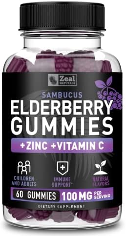 Zeal Naturals Sambucus Elderberry Gummies + Zinc + Vitamin C - Daily Supplement for Children & Adults - Easy to Chew Vitamin Gummies - 100 mg Max Serving of Elderberry - 60 Count