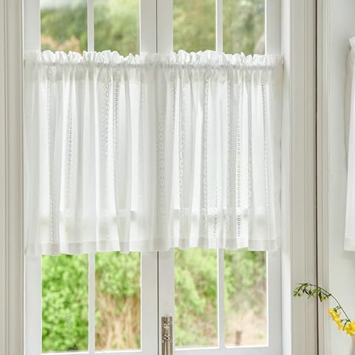 Cortinas cortas de cocina de 50 cm, cortina de bistró, media transparente, color blanco sólido con patrón geométrico, estilo rústico, cortinas con bolsillo para barra, 100 x 50 cm