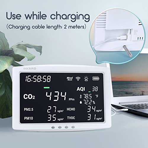 Inkbird 8-In-1 Wifi Air Quality Monitor, With Large Led Screen (Size: 11.8 In*7.5 In*1.2 In), Detects Co2, Pm2.5, Pm10, Hcho, Tvoc, Temperature And Humidity, Indoor Co2 Monitor With Time And Alarm #TOP5