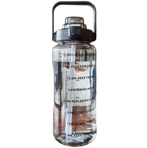 Image of 2L Transparent Motivational Water Bottle with Straw & Time Marker | Leak Proof BPA Free Sports Drinking Bottle for Gym, Office, School & College | Break Resistant with Belt Handle (Black)