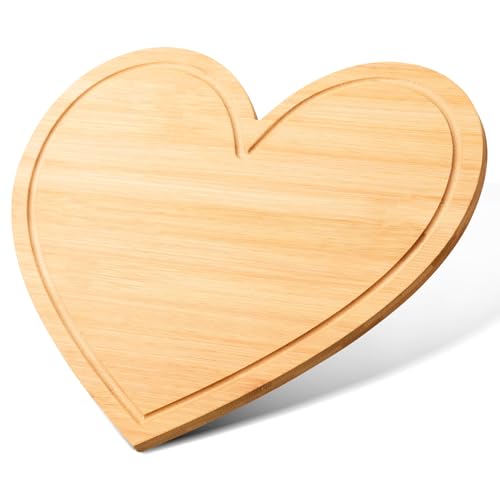 AWIZOM 1 Pcs Heart Shaped Cutting Board with Juice Groove Valentine's Day Bamboo Charcuterie Board Wooden Cheese Serving Board Tray Kitchen Chopping Board for Wedding Housewarming Presents,12.8x11.3