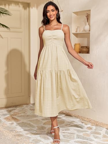 Capuffy Women's Adjustable Spaghetti Straps Smocked Maxi Dress Tiered Skirt Pleated Boho Summer Dress Long Beach Sundress 3792