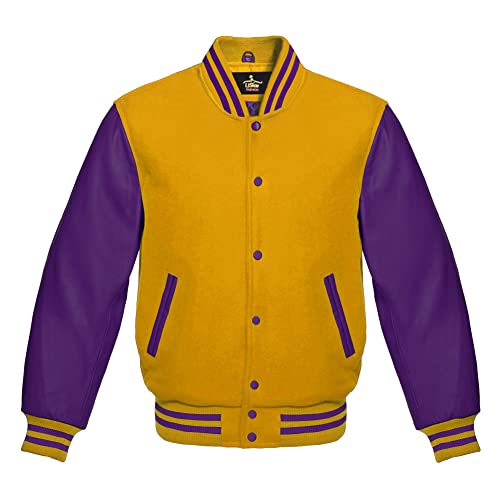 Men's Varsity Baseball Letterman Bomber Jacket Wool & Purple Genuine Leather Sleeves - Main Image