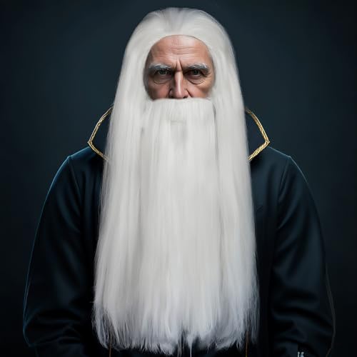 BESTBEL+Hair Cap Long White Wig for Men Long Straight White