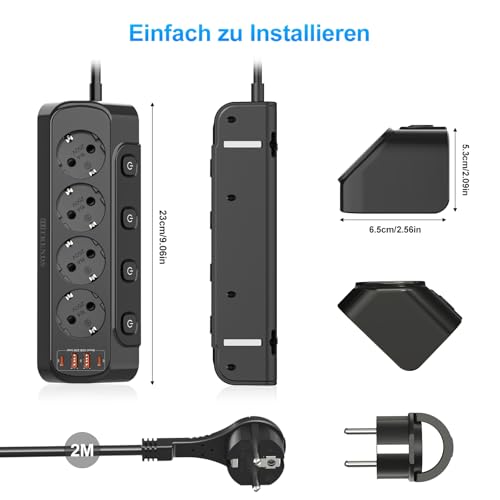 Gniazdko stołowe z USB, 8 w 1, rozdzielacz gniazd, płaska wtyczka z kablem 3 m, do smartfonów, 4-krotne przełączanie, 2 USB-C, 2 USB-A, listwa zasilająca na biurko, przełączana pojedynczo, czarna