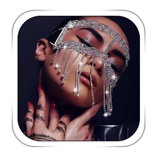Fdesigner 1920s Rhinestone Masquerade Mask Costume Headpieces Flapper Face Cover Head Chain Jewelry for Women (Silver-Unique)