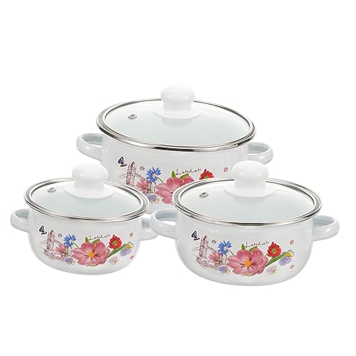Garneck 3stücke Mehrzweck-schmortopf Aus Emaille Für Küche Haushalts-eintopftopf Mit Doppelgriff Emaille-suppentopf Zum Kochen Mit Attraktivem Blumenmuster Verschleißfester Kochtopf