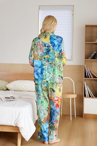 Image of YiNi LuLu Womens Silk Satin Pajamas Set Button Down 2 Piece Pjs Long Sleeve Oversized Sleepwear with Pockets