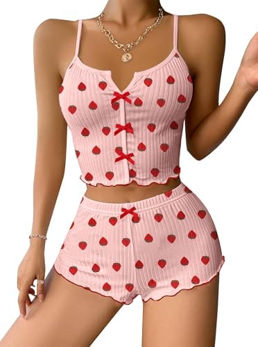 Hilinker Womens Graphic 2 Piece Pajama Set Summer Cute Crop Cami and Shorts Ribbed Lounge Sets