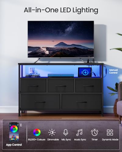 Image of SONGMICS BELLAH Collection - Dresser for Bedroom with App-Controlled LED Lights and Charging Station, Chest of Drawers, TV Stand, 5 Drawers, Shelf, Modern, Ink Black ULGS723BH02S