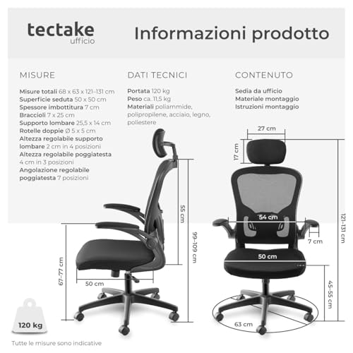 ® Sedia da Ufficio Ergonomica, Schienale Alto con Poggiatesta Regolabile, Sedia Ufficio con Supporto Lombare, Altezza Regolabile, Braccioli Pieghevoli, Rivestimento in Tessuto a Rete - Nero - Sedia gaming - Immagine 1