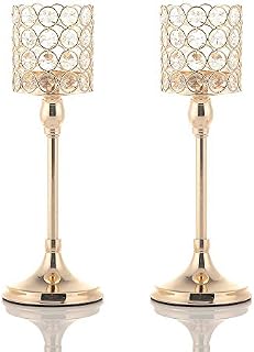 VINCIGANT Gold Crystal Tea Candle Holder Cylinder Ornaments for Living Room/Home Accessories/Golden Wedding Housewarming Gifts, 2pcs 30 cm Tall