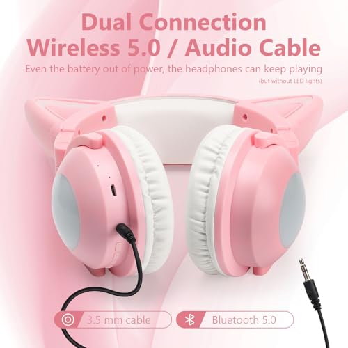 Image of Cat Ear Bluetooth Headphones, Over Ear Wired Headphones with LED Lights, Foldable Wireless Headset with Built-in Mic, Compatible with Phone /PC /Tablet /TV (Pink) | Toddler Girl Headphones, Bluetooth Over Ear Headphones with Microphone,Foldable,Phone /PC /Tablet /TV Compatible,Pink