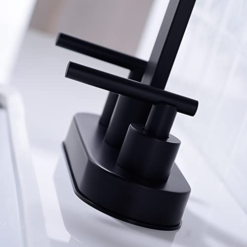 Square Waterfall Swivel Spout 2 Handles Bathroom Faucet With Pop Up Drain Assembly & Cupc Water Supply Lines 4 Inches Centerset Mixer Tap, Matte Black #TOP3
