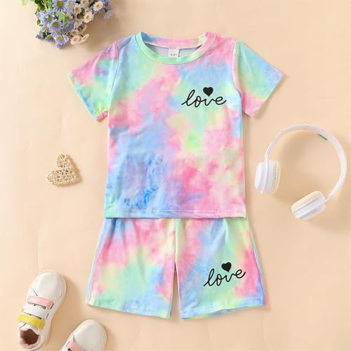 Image of Kids Girl Clothes Tie Dye Heart Print Short Sleeve Top and Shorts Toddler Girl Summer Outfits Short Set