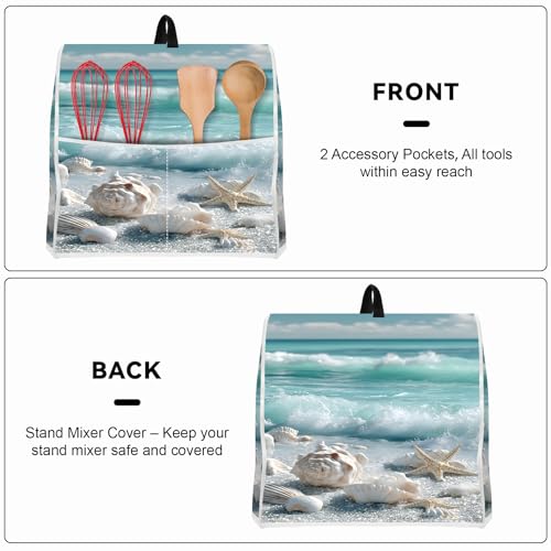 Image of Kitchen Dust Cover Compatible with 4.5 5 6 8 quart Stand Mixer, Kitchen Appliance Protective Covers with Top Handle and Pocket (Ocean Shell Beach, For All 6-8 qt Mixer)