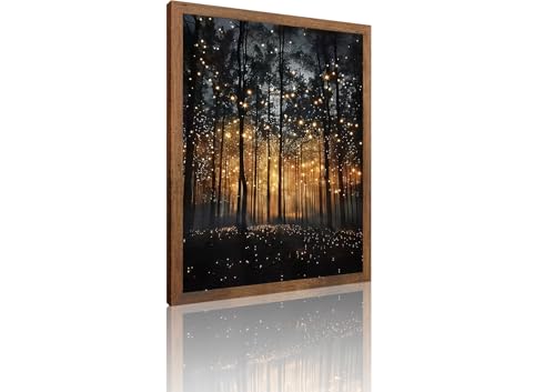 Enchanted Forest Firefly Canvas Wall Art, Dark ​Twilight Landscape Wall Decor, Rustic Botanical Nature Tree Art Prints for Bedroom Living Room Dining Room Office Decoration 8x10 inch Wood Framed