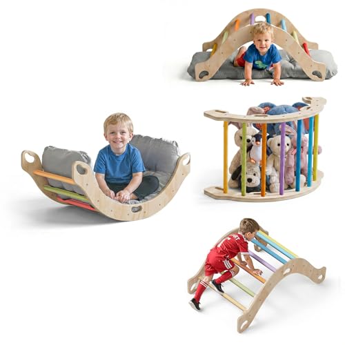 COSYLAND 3 en 1 Arco de Escalada Montessori con Cojín Suave – Triángulo de Escalada de Madera Doble Cara, Balancín y Estructura de Actividades, Niños de 18 Meses a 6 Años, Colores Multicolor