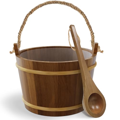 Petpvilit Sauna Bucket and Ladle Set - Handmade from Canadian Red Cedar Wood - Wooden Sauna Bucket...