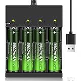 4pcs Rechargeable Battery with Charger 4 Slot, USB Universal Charger for 3.7V Rechargeable Batteries 18500 I865O (Button Top Type)