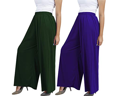 Image of Buy That Trendz M to 4XL Cotton Viscose Loose Fit Women M to 6XL Flared Wide Leg Palazzo Pants for Bottle Green Purple 2 of Pack Combo X-Large