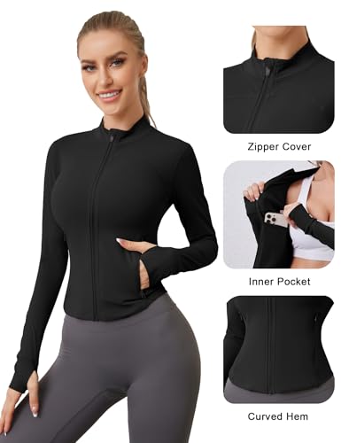 Akewei Workout Jackets For Women With Pockets Cropped Athletic Jacket Zip Up Long Sleeve Track Jacket Women Black Xs thumb #3