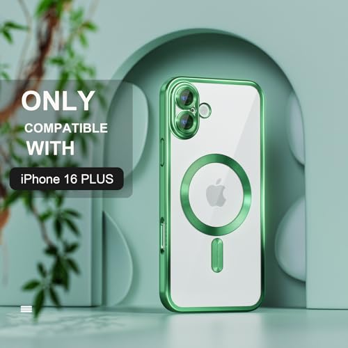 Image of Misea Magnetic for iPhone 16 Plus Case Compatible with MagSafe Green | [Never Yellowing] [Military Drop Protection] Full Camera Lens Protector Plating Soft Clear Phone Case for Women, Green