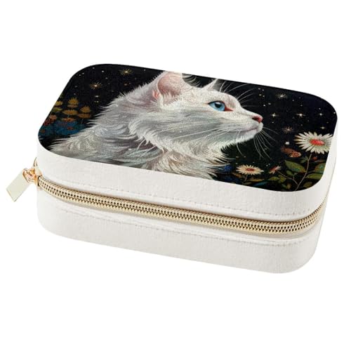 Boîte à bijoux portable chat blanc avec miroir intégré pour bagues et colliers