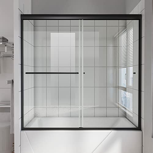 60-58 in. Semi-Frameless Double Sliding Tub Door, Shower Door, Bypass Bathtub Door, Tub Shower Door, SGCC Tempered Glass Door with Explosion-Proof Film, Stainless Steel, Matte Black