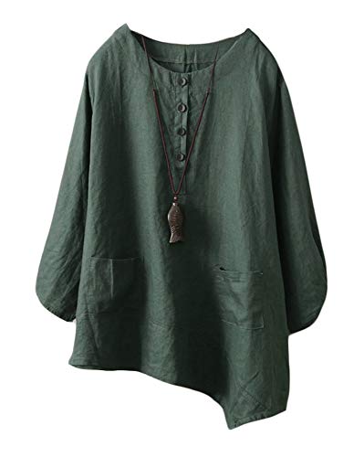 Minibee Women's Linen Tunic Blouse Elbow Sleeve Asymetrical Shirt Top with Pockets Green XXL