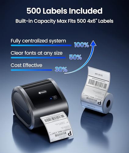 Image of Phomemo 300 DPI 4x6 Thermal Shipping Label Printer with 500 Labels, Ethernet Bluetooth USB, High Resolution Thermal Printer for Small Business, Compatible with iOS Android Windows Mac, for USPS UPS