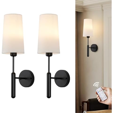 Powfloven Black Rechargeable Battery Operated Wall Sconces Set of 2 with Remote, Wireless Dimmable 5000mAh Battery Powered LED Wall Lights, Cordless Wall Lamp Lighting Fixture for Bedroom Living Room Cover