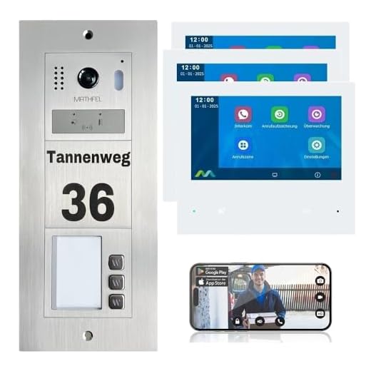 MATHFEL 2-Draht-Bus WLAN Video-Türsprechanlage, Personalisierte Außenstation inklusive Gravur - Komplettes Set für 3 Familienhäuser mit 7-Zoll-Monitoren