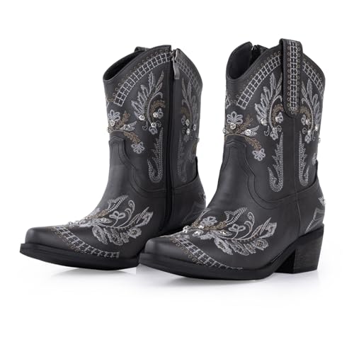 Image of Rhinestone Ankle Cowboy Boots for Women Embroidered Short Cowgirl Boots with Low Heel Side Zipper Comfortable Chunky Heel Western Booties for Prom Party Wedding Pull On Shoes