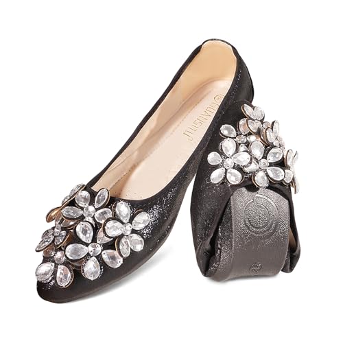 YOUNIFIZ Women's Elastic Foldable Portable Pumps Sparkly Rhinestones Ballet Ballerina Slip On Flats Dolly Shoes (Black,Size 7.5)