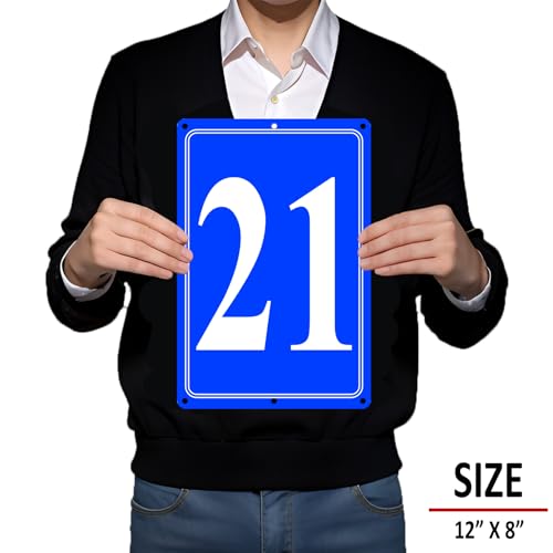 Image of Premium Aluminum Number Signs 21, Metal 12 inch X 8 inch Blue Numbered Signs Outdoor for Parking Lots, Floor, Dock, Court, Aisle, Field, High Visibility, No Fade, Weather-resistant