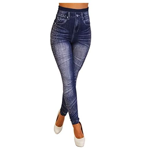 Candygirls PBFS002 - Leggins térmicos para mujer, diseño de flores con brillantes, cintura alta, treggings, vaqueros, aspecto estampado azul Talla única
