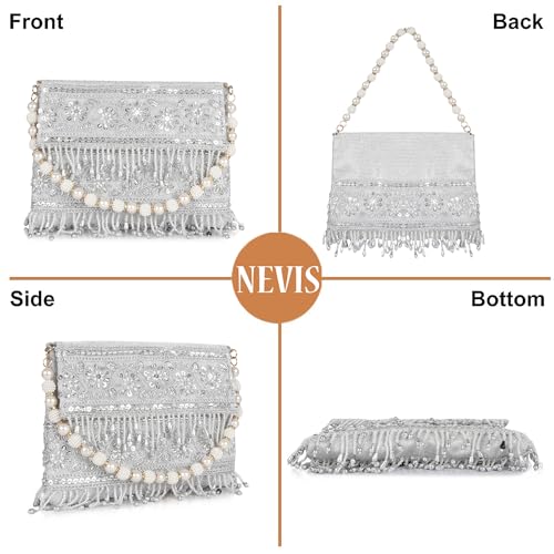 Image of Nevis PU Silk Fabric Women's Embellished bride Clutch with Pearl Handle | Fancy Designe & Wedding Potli Bag for Festive & Evening