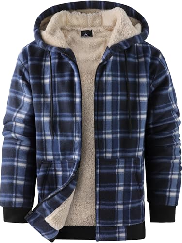 Image of ZITY Heavy Thick Hoodies for Men Plaid Flannel Warm Sherpa Fleece Lined Winter Full Zip Up Coat
