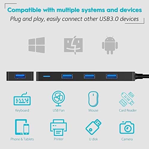 Aceele USB Hub 3.0 Splitter with 4ft Extension Long Cable Cord, 4-Port Extra Slim Multiport Expander for Desktop Computer PC, PS4, Laptop, Chromebook, Surface Pro 3, iMac, Flash Drive Data and More - 5