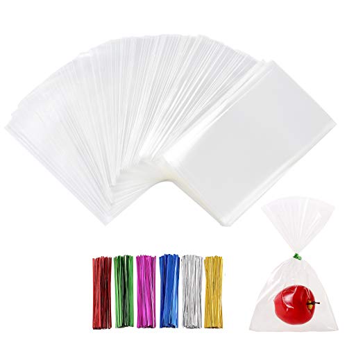 400 PCS 3 x 5 Thick Clear Cello Treat Bags Durable Plastic Cellophane Bag With Ties Packing Bakery Popcorn Cookies Candies Lollipop Treat Poly Bags