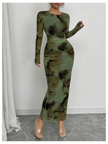 Milumia Women's Tie Dye Long Sleeve Bodycon Maxi Dress Crewneck Mesh Long Dresses2