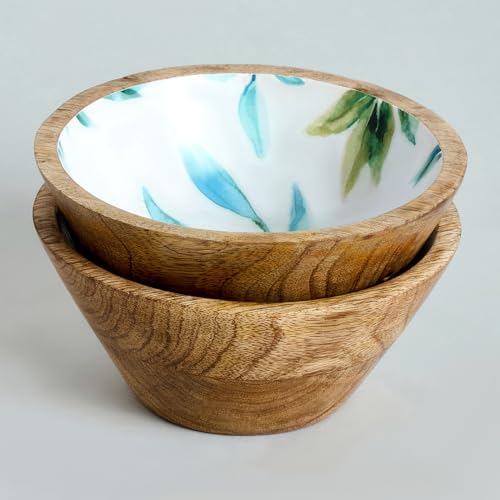 Image of SAAGA Mango Wood Nuts Bowl Set of 2-6 x 3 Inch Decorative Wooden Snack & Dry Fruit Bowls | Soup Serving Katori for Kitchen & Dining - White & Aquamarine