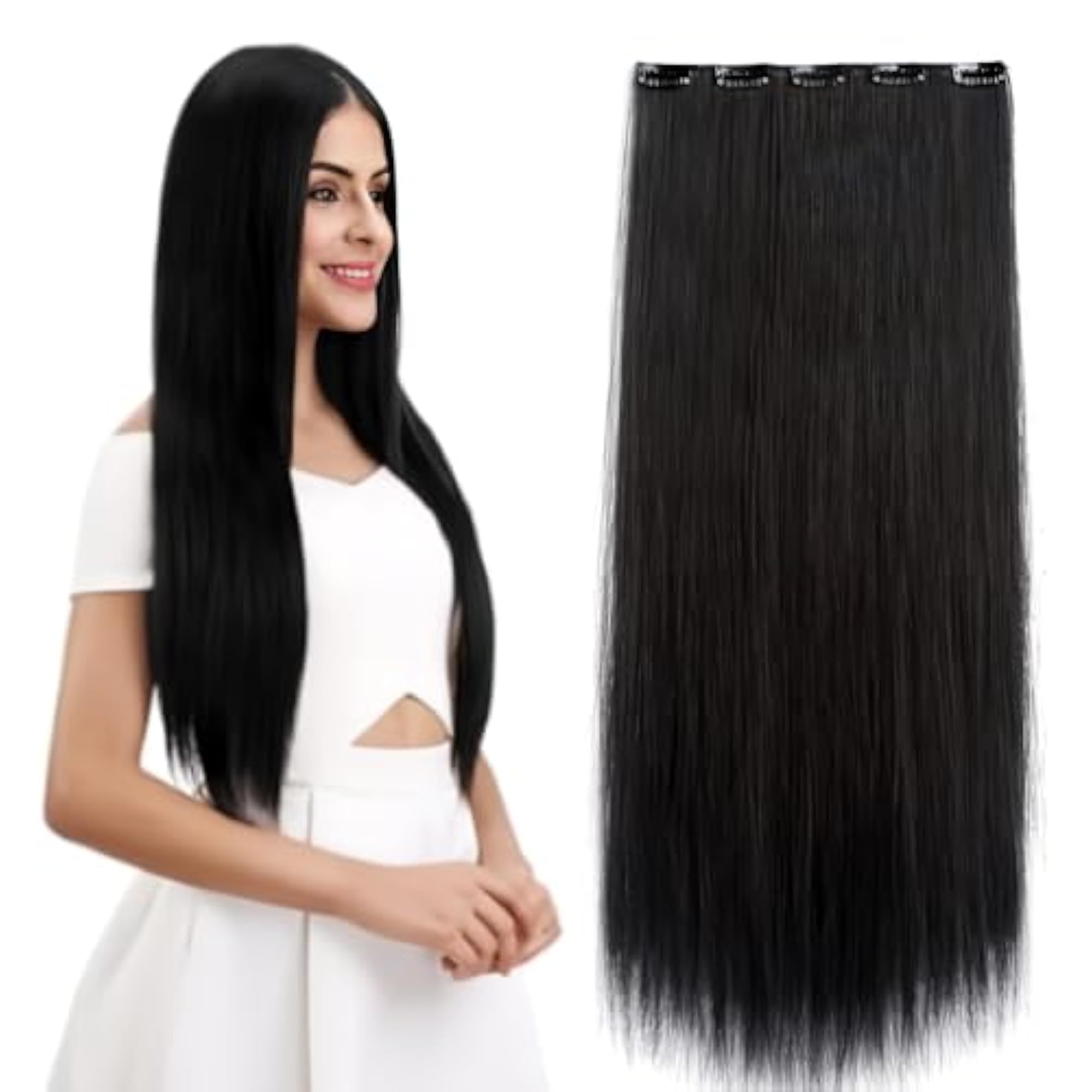 5 Clips Straight Synthetic Hair Extension, 22 Inches Dark Black