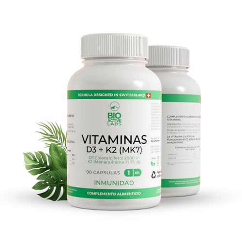 Vitamina D3 2000 UI con K2 MK7 90 Capsulas Veganas - Vitamina D3 K2 Cápsulas Alta Absorción - Mejora tu Salud Osea y Arterial