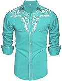 Daupanzees Men's Long Sleeve Embroidered Shirt Dress Shirt Slim Fit Casual Retro Western Button Down Shirts(Blue S)