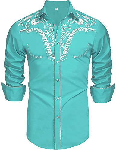 Daupanzees Men's Long Sleeve Embroidered Shirt Mariachi Suit Slim Fit Paisley Casual Button Down Shirts(Blue M) #TOP12
