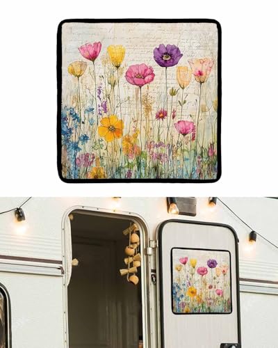 LEOKOTI RV Door Window Shade, Spring Floral Blackout RV Window Shades Foldable, Summer Botanical Watercolor Flowers Pastoral Privacy Insulation Car Covers 16