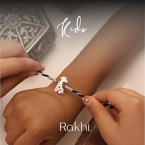 Image of 92.5 Pure Sterling Silver Giraffe Kids Thread Rakhi For Rakshabandhan | Rakhi With Fragrance Greeting Card & Roli Chawal and Silver Certificate of Authenticity