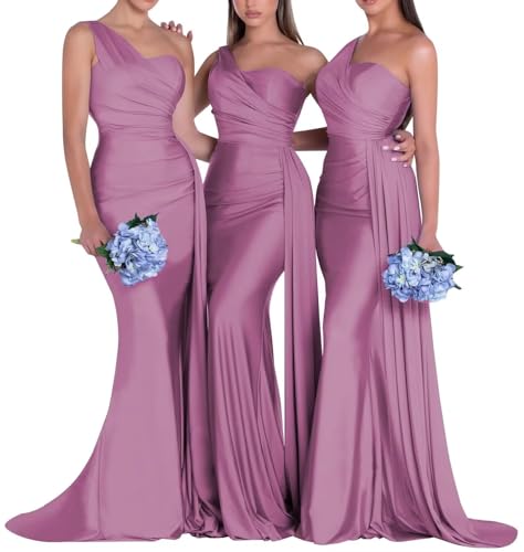 Image of One Shoulder Bridesmaid Dresses for Wedding Long Satin Bodycon Prom Dress Mermaid Formal Evening Gowns